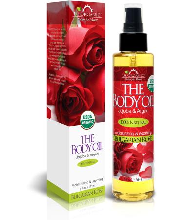 US Organic Body Oil - Romantic Sexy Bulgarian Rose- Jojoba and Argan Oil with Vitamin E  USDA Certified Organic  No Alcohol  Paraben  Artificial Detergents  Color or Synthetic perfume (Bulgarian Rose)