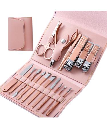 XMOSNZ Manicure Set 16 in 1 Stainless Steel Nail Clipper Kit Professional Grooming Kits Face Hand Foot Skin Care and Nail Care Tools with Leather Travel Case (16 Pink) 16-Piece Pink