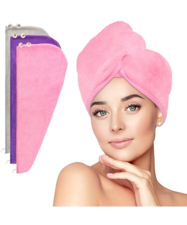 HOMERHYME Hair Drying Towel 3 Pack Hair Wrap Quick Dry Towels Highly Absorbent Adjustable Soft Hair Towel Anti Frizz Hair Turban with 2 Buttons & Elastic Loop for Drying Wet Curly Long Hair