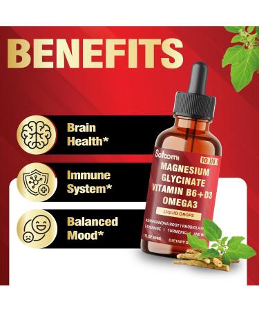 10in1 Magnesium Glycinate Liquid Drops Magnesium Complex Supplement with Omega3 Vitamin D3 Vitamin B6 Ashwagandha and More - Supports Overall Wellness - 1 FL Oz - 1 Month Supply - Buy Online on GoSupps.com