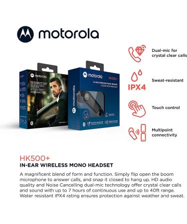 Motorola HK500+ Wireless Bluetooth Earpiece: Clear Phone Calls, Sweat Resistant, Noise Cancelling Mic, Smart Touch Control - Buy Online on GoSupps.com