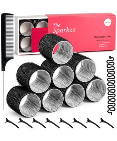 Hair Rollers Set (18Pcs) - 8 Self Grip Black Hair Rollers for Long & Short Hair Volume & Styling (50mm) 8 Duckbill Hair Clips 1 Braider & 1 Comb No Heat Rollers