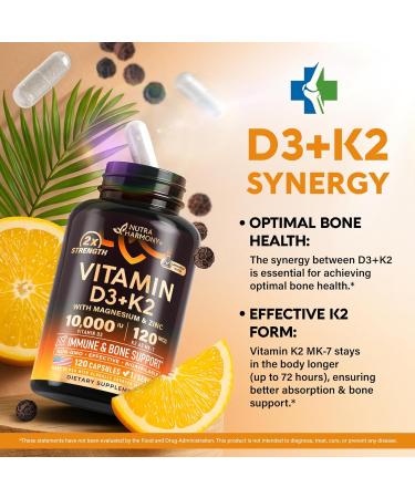 Vitamin D3 K2 - Vitamin D3 10000 iu & K2 as MK-7 120 mcg - Immune & Mood Support for Bone & Teeth Health - with Magnesium Zinc & Vitamin C & B12 - Highly Bioavailable - Made in USA 120 Capsules 120 Count (Pack of 1) - Buy Online on GoSupps.com