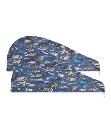 Sea Life Dry Hair Cap 2 Piece Quick Drying Towel Set with Button Headband Super Absorbent Soft & Comfortable