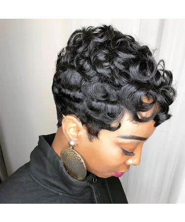 Rofa Short Wavy Synthetic Hair Wig Pixie Cut Curly Wig with Bangs for Black Women Short Cut Wigs for women Natural Looking Fiber Hair Wigs for White Women (1B) Pixie Wavy 1B