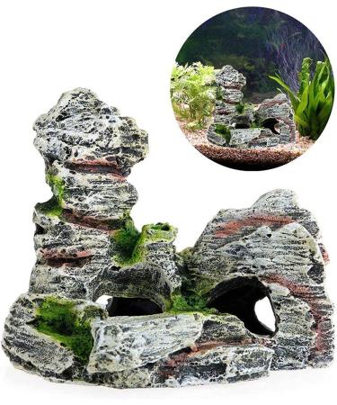 2PCS Aquarium Rock Cave Decoration with Green Grass | Resin Fish & Shrimp Hiding Accessories | Mountain View 11x9x11cm & 10x5.5x10cm - Buy Online on GoSupps.com