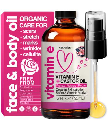 Organic Vitamin E Oil for Scars Stretch Marks Removal Wrinkles & Cellulite - Scar Away Treatment Bio Oil with Castor Rosehip Jojoba Almond - Hydrating & Moisturizing Skincare - Face & Body Oil