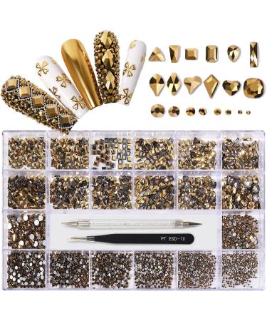 Yzzseven 12 Types of 600 Diamonds +2500 Flat Rhinestones Mix 20 Styles Flatback Rhinestone Crystals 3D Decorations Flat Back Stones Gems Set for for Nail Art DIY|(Mined Gold)