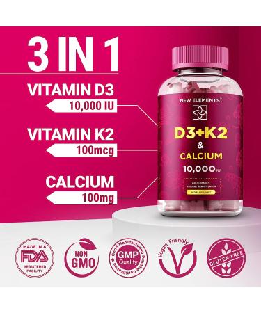 Sugar Free Vitamin D3 K2 Gummies 10000 IU with Calcium - Vegan Mk7 Vitamin K2 - Men & Women Vitamin D Supplement - Buy Online on GoSupps.com