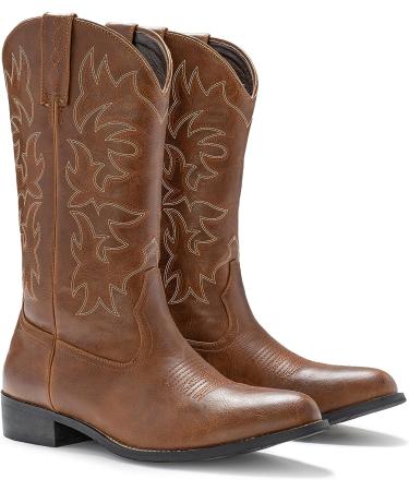 IUV Men's Western Cowboy Boots - Classic Embroidered Snip Toe Boots in Brown - Size 10 - Buy Online on GoSupps.com