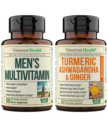 Vimerson Health Men's Multivitamin + Turmeric Ashwagandha Bundle. Immune & Joint Support Pain Relief Thyroid and Adrenal Support Balanced Cortisol Energy & Performance