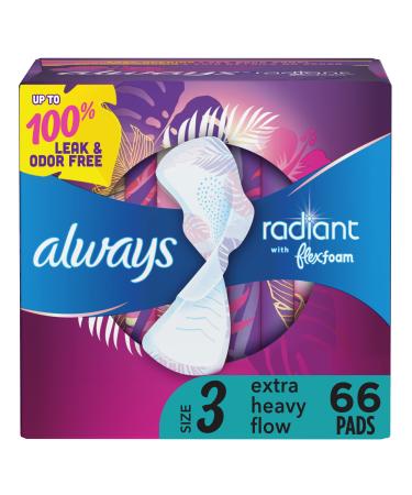 Always Radiant Feminine Pads For Women, Size 3 Extra Heavy Flow Absorbency, With Flexfoam, With Wings, Unscented, 66 Count - Buy Online on GoSupps.com