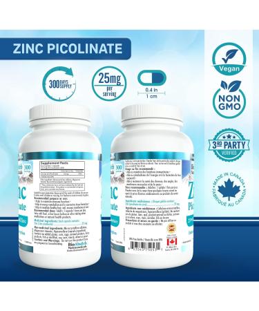 Zinc Picolinate Supplement 25mg Elemental Zinc 300-Day Supply Enhanced Absorption Vegan Non-GMO (300 Veggie Caps) - Buy Online on GoSupps.com