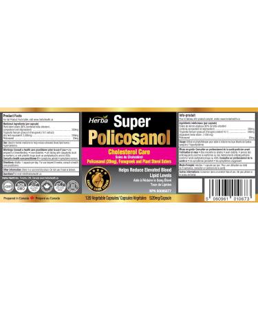 Herba Policosanol 20mg with Plant Sterols and Fenugreek - 120 Vegetable Capsules | Cholesterol Supplement to Lowering and Supporting Healthy Cholesterol Levels and Heart Health | Made in Canada - Buy Online on GoSupps.com