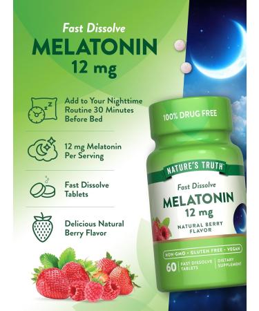 Nature's Truth Melatonin 12mg | 60 Fast Dissolve Tablets | Natural Berry Flavor | Vegan Non-GMO & Gluten Free Supplement Natural Berry Flavor 60 Count (Pack of 1) - Buy Online on GoSupps.com