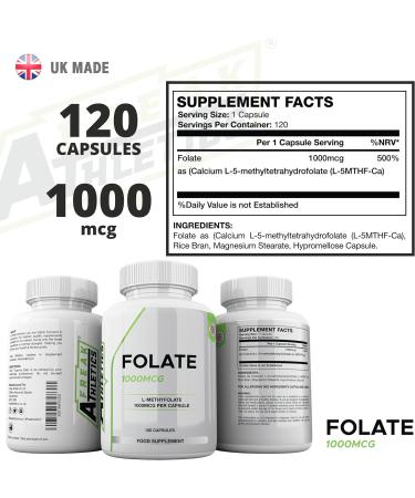 Folate 1000mcg (L-Methylfolate) 120 Capsules - 5-MTHF Active Folic Acid/Vitamin B9 - Buy Online on GoSupps.com