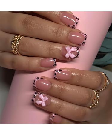 Leopard Print French Tip Press on Nails Square Fake Nails 3D Resin Bow Charm Designs False Nails Glossy Nude Pink Full Cover Acrylic Stick on Nails for Women Girls DIY Manicure Decoration 24Pcs