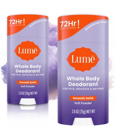 Lume Whole Body Deodorant - Smooth Solid Stick - 72 Hour Odor Control - Aluminum Free Baking Soda Free and Skin Safe - 2.6 Ounce (Pack of 2) (Soft Powder) Soft Powder 2.6 Ounce (Pack of 2)