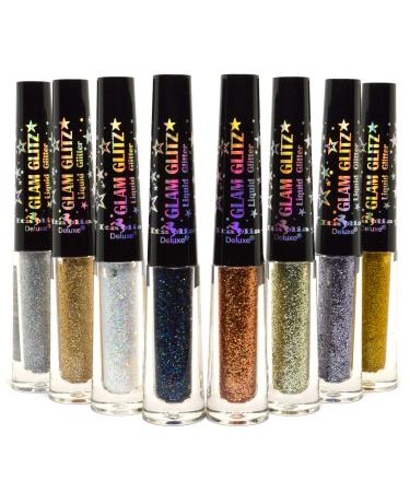 Italia-Deluxe 8 pcs of Glam Glitz Liquid Eyeliner Shimmery Silver Gold Glitter Colors 2308A + Free ZipBag