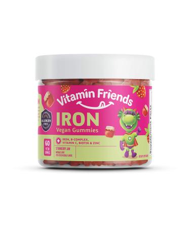 Vitamin Friends Strawberry Jam Flavored Iron Gummies - Vegan (60 Day Supply) - Vegan (60 Day Supply) Ferrous Fumarate B-Complex Vitamin C Zinc Biotin - Iron Kids Gummies Supplement