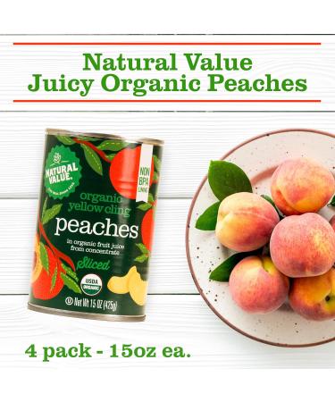 Natural Value Organic Yellow Cling Sliced Peaches 15 oz (pack of 4) Product of USA Gluten Free Vegan GMO Free Non BPA Lining In organic fruit juice from concentrate - Buy Online on GoSupps.com