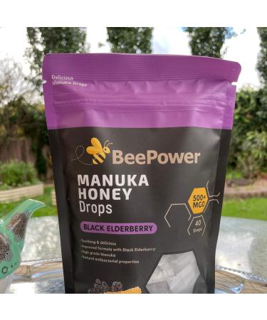 BeePower All Natural Manuka Honey Lozenges | Contains 40 Lozenges 6.7 Oz MGO 500+ (Black Elderberry) - Buy Online on GoSupps.com