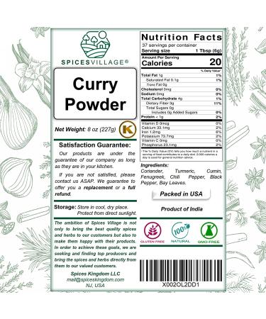 Spices Village Yellow Indian Curry Powder 8oz - Spicy Blend for Cooking - Medium Madras Curry Mix | Kosher, Gluten-Free, Non-GMO - Salt-Free | Resealable Bag - Buy Online on GoSupps.com