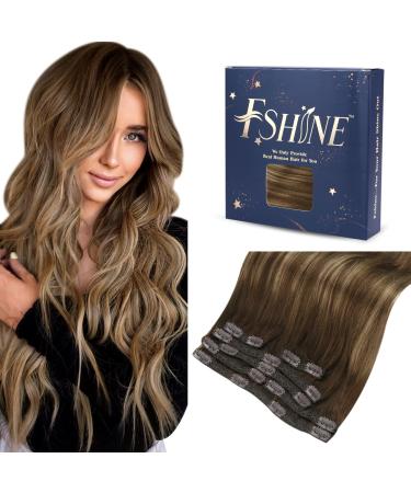 FSHINE CLIP in Extensions real hair balayage 120g double brown silky just dark brown with caramel blonde extension real hair clip in full head remy clip on extensions real hair 7PCs 35cm 2.1 clip #4/27/4 35cm