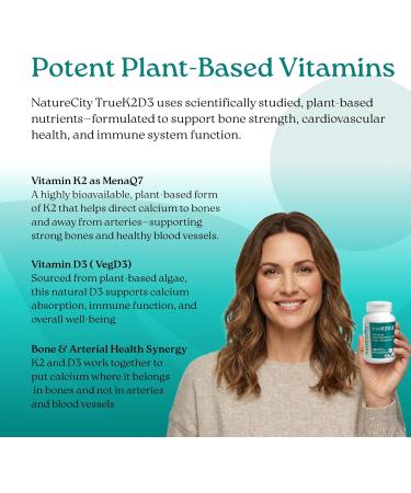 NatureCity TrueK2D3 Plant Based Vitamin K2 MK7 (90 mcg) & D3 from Algae(2 500 IU) 2 in 1 Vitamin D3 K2 Supplement for Bone Heart and Immune Health 60 Veggie Capsules - Buy Online on GoSupps.com