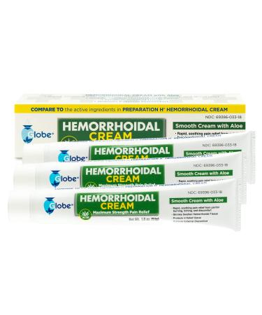 Globe Hemorrhoid Symptom Treatment Cream, Pain Relief with Aloe, (1.8 Ounce Tube) Relief from Hemorrhoids, Piles, Itching, Burning, Discomfort, & More - (3 Pack)