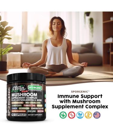 Organic Mushroom Supplement | Ashwagandha Lions Mane Cordyceps Turkey Tail Reishi Mushrooms Maca Root Black Hoof Chaga Tremella Agarikon Shiitake Oyster Powder Capsules Sporgenic by Clean Nutra (1) - Buy Online on GoSupps.com
