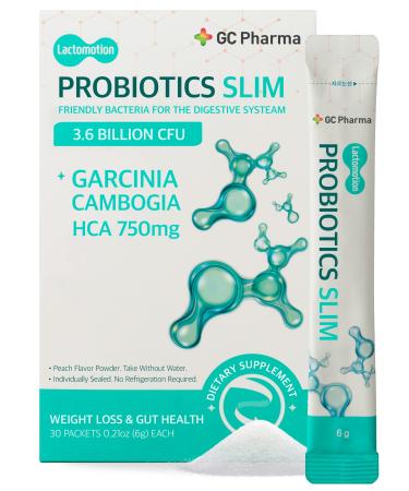 GC Pharma Probiotics Garcinia Cambogia (30 Count, Pack of 1) - Stomach Friendly Peach Flavor Powder. 3.6 Billion CFU. HFA 750mg. for Women Men 30 Count (Pack of 1)