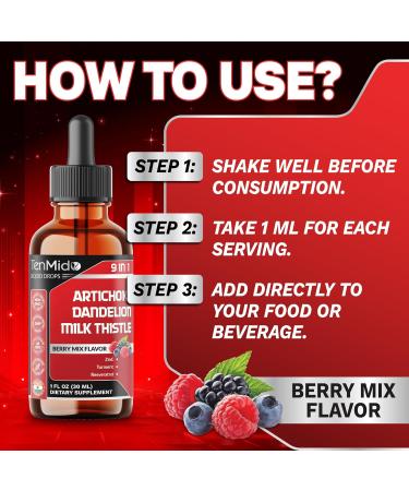 Tenmido Artichoke Extract Liquid Drops - 9in1 Herbal Supplements Liquid with Zinc Dandelion Milk Thistle Turmeric Resveratrol Pomegranate Ginger and Black Pepper - 30ml 1Fl Oz - Buy Online on GoSupps.com