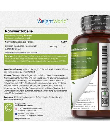 Garcinia Cambogia Pure 1000mg - 60 Vegan Capsules for Thermogenesis - 60% HCA Superfood - 2 Month Supply | WeightWorld International Shipping - Buy Online on GoSupps.com