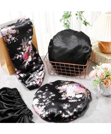 4-Piece Soft Hair Bonnets & Shower Caps Set for Women - Floral Black | Reusable, Adjustable, Waterproof Satin Caps for Silky Hair - Ideal for Sleeping & Bathing - Buy Online on GoSupps.com