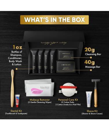 Infuse Black Amenity & Accessory Kit | 1 oz Travel Size Shampoo Conditioner Lotion Body Wash Body Bar 2 Cleansing Bar Shave & Dental Sets Make-Up Remover Wipes & Vanity Kit | 1 set per case 5 PIECES (BOXED WITH ACCE  - Buy Online on GoSupps.com