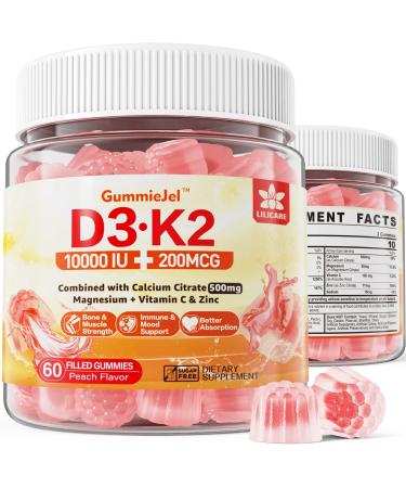 Sugar-Free Vitamin D3 K2 Filled Gummies 5000IU / 10 000 IU with 500mg Calcium + K2 (MK-7) 200mcg Magnesium Citrate Vitamin C Extra Strength - Ultimate Absorption for Bone Muscle Teeth Immune Vegan
