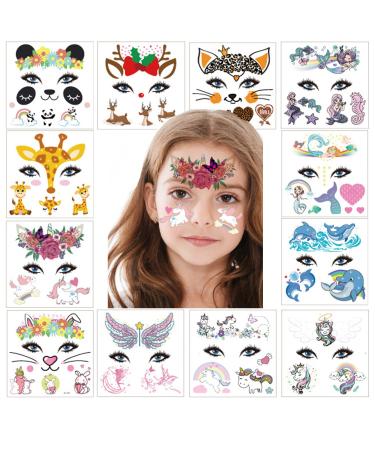 COOLI Animal Temporary Face Tattoo Sticker Set for Kids 12Sheets Carnival Party Unicorn Mermaid Butterfly Animal Dress Up Fun Tattoo for Boys Girls Body Paint Makeup Decoration Filler
