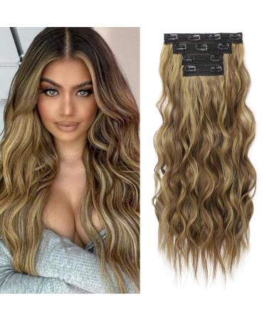 Reecho clip in extensions 4PC hair extensions clip in hair extensions 60 cm thick long beach shafts hair parts Invisible tip natural soft hair parts - light brown with blonde high brown with blond reflexes