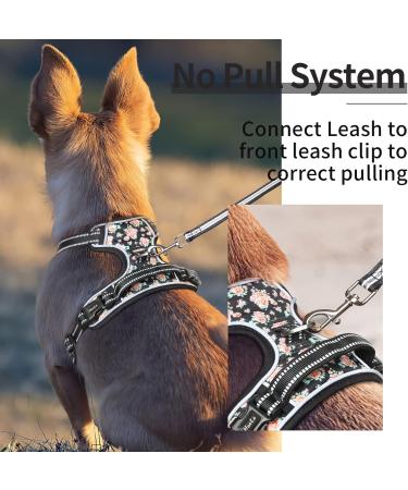 Heele Dog Crockery & No-Pull Harness | Adjustable Reflective Dog Gear for Medium-Sized Dogs - Soft & Breathable Anti-Pull Design - XS Flower Black - Buy Online on GoSupps.com