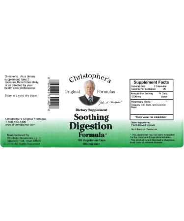Christopher's Original Formulas Soothing Digestion, 600 mg, 180 Vegetarian Caps - Buy Online on GoSupps.com