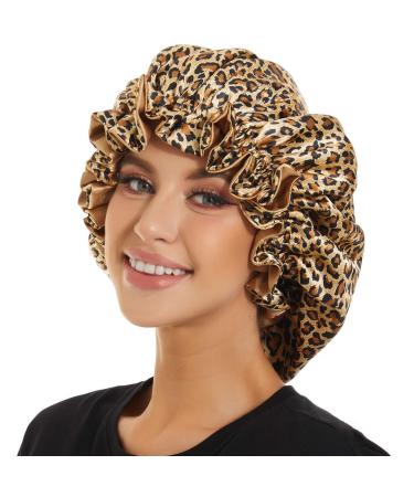 AIPAO Satin Bonnet Sleep Cap Black Women Silk Bonnet for Curly Hair Silk Bonnets for Women Satin Cap Sleeping Hair Bonnet Leopard