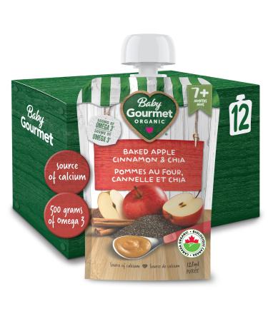 Baby Gourmet Organic Fruit & Veggie PLUS Puree Baby Food Pouches Baked Apple Cinnamon & Chia - No Added Sugar Or Salt Non GMO No Fillers Gluten Free Peanut Free - (128ml) 12 Pouches Red Baked Apple Cinnamon & Chia NO