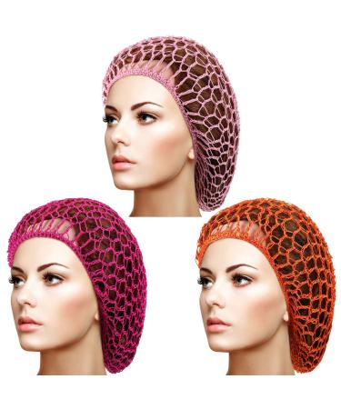 3 Pieces Mesh Hair Net Rayon Crochet Hair Nets Knit Snood Hat Crocheted Sleep Cap (Rose Red, Pink, Orange) Orange,Red,Pink,Rose