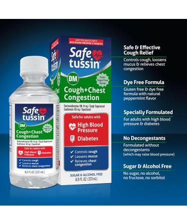 Safetussin DM Cough + Chest Congestion Relief - Safe for Adults with High Blood Pressure & Diabetes | 8 oz - International Shipping Available - Buy Online on GoSupps.com