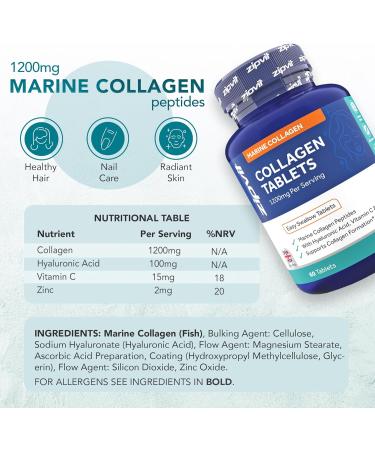 Zipvit Marine Collagen 1200mg Tablets with Hyaluronic Acid Vitamin C and Zinc. High Strength Type 1 Collagen for Men and Women Supports Hair Skin and Nails 60 Tablets 1 Month Supply Collagen Tablets - 60 Pack - Buy Online on GoSupps.com