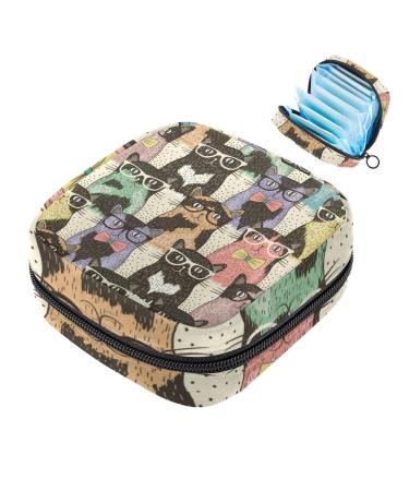 Menstruation pad bag with zipper women's napkin bag tampons collecting bags for women and girls (mhipster cute cats seamless pattern)