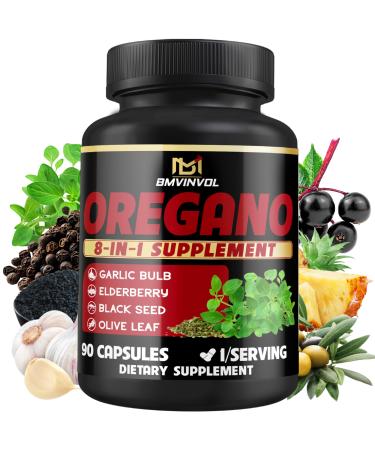 BMVINVOL Oregano Supplement | Black Seed Garlic Elderberry Olive Leaf Quercetin Bromelain Black Pepper - 8in1 Immune & Digestive Support 90 Capsules 3-Month Supply
