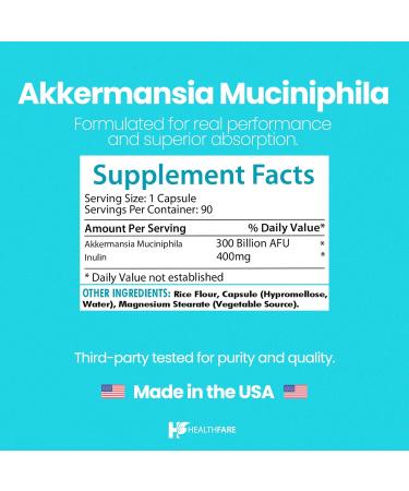 Healthfare Akkermansia Muciniphila Probiotic | 300 Billion AFU | 90 Vegan Capsules | Inulin Prebiotic for Gut Health & Digestive Support | Non-GMO Gluten-Free | Made in USA - Buy Online on GoSupps.com
