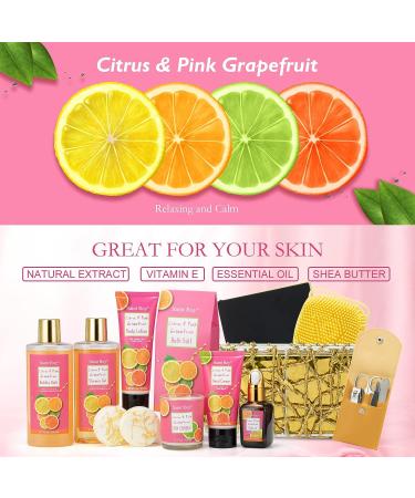 Citrus & Pink Grapefruit Spa Gift Basket for Women - 16 Pcs Self Care Kit including Bubble Bath, Massage Oil, Bath Salt, Bath Bombs - Luxury Birthday Gift - Buy Online on GoSupps.com